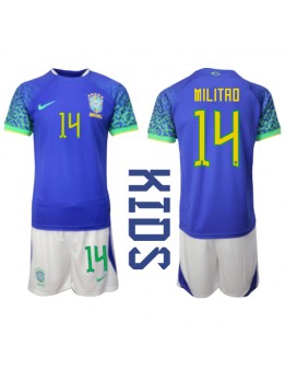 Otroški Nogometna dresi replika Brazilija Eder Militao #14 Gostujoči SP 2022 Kratek rokav (+ hlače)